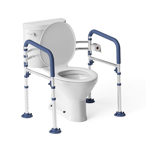 Loyoda Toilet Safety Frame for Seniors, Adjustable Toilet Safety Rail | Height& Width Adjustable, Padded Armrests, Foldable Aluminum Support Frame for Elderly, Disabled, Pregnant, 350 lb, Blue