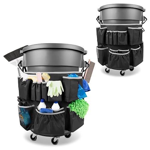 HODRANT Trash Can Caddy Bag with 13 Pockets Fit 32-55 Gallon Garbage Bin | Cleaning Caddy Bag with Adjustable Buckle for Industrial Trash Can, Cleaning Tool Organizer for Clean Supplies, Gray Edge