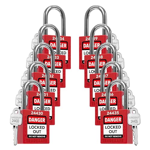 TRADESAFE Lockout Locks, 10 Red Loto Locks Keyed Different, 1 Key Each | Non-conductive Nylon Body, Spring-loaded Stainless Steel Shackle, Key-retaining Cylinder With Multilingual Safety Labels