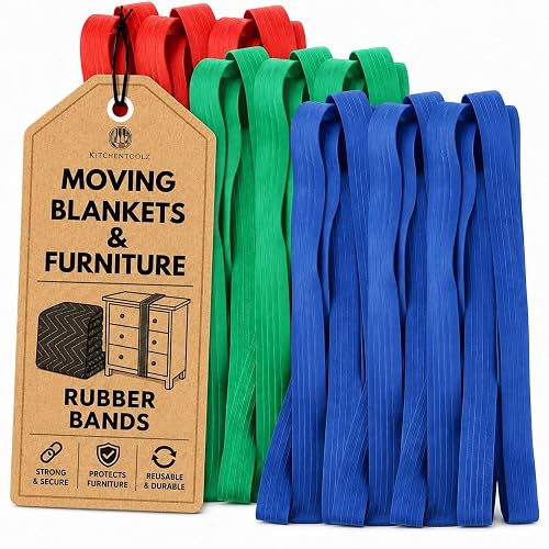Kitchentoolz Moving Rubber Bands for Furniture & Moving Blankets - 12 Pack | 3 Sizes Moving Bands for Furniture Blankets for Moving | Replace Moving Tape or Stretch Wrap on Moving Blanket 72x80