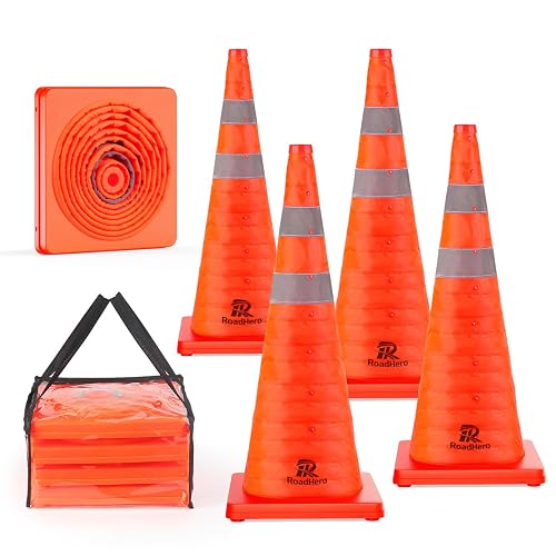 RoadHero 28 Inch 4 Pack Collapsible Traffic Safety Cones with Bag, Orange | Foldable Design for Storage, Reflective Collar Visible at Night, For Road Safety, Driving and Sport Training, Parking Lots
