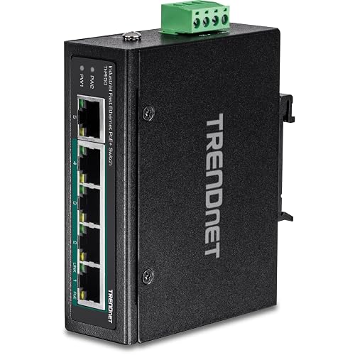 TRENDnet 5-Port Industrial Unmanaged Fast Ethernet PoE+ DIN-Rail Switch