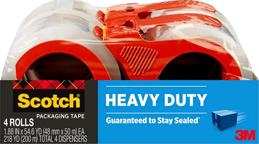 Scotch Heavy Duty Shipping Packing Tape, Clear, Shipping and Packaging Supplies, 1.88 in. x 54.6 yd., 4 Tape Rolls with 4 Dispensers