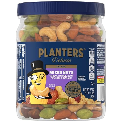 PLANTERS Deluxe Sea Salt Mixed Nuts, Plant Based Protein, 27 Oz (1 Ct) | Mixed Nuts: Cashews, Almonds, Pecans, Pistachios, Hazelnuts. Snacks for Adults. Resealable Jar. Party Snack
