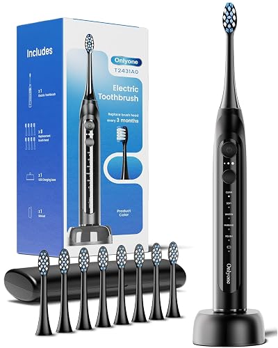 Onlyone Electric Toothbrush for Adults High Power Rechargeable Black | 8 Brush Heads,5 Adjustable Modes, Effective yet Gentle, Daily Care, Compact for Travel Home Family