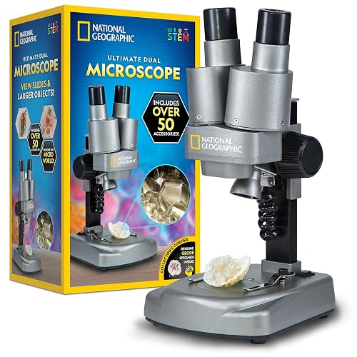 National Geographic Dual LED Microscope Science Kit for Kids Ages 8-12 | Dual LED Illumination, 10 Prepared Slides, 10 Blank Slides, 50+ Pieces, Biology Experiments, STEM Learning, Birthday Gift