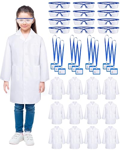Xtinmee 24 Sets Kids Lab Coat Science Kit Bulk Scientist Dentist Dress Costumes for Children with Goggles ID Cards for Classroom (Small)