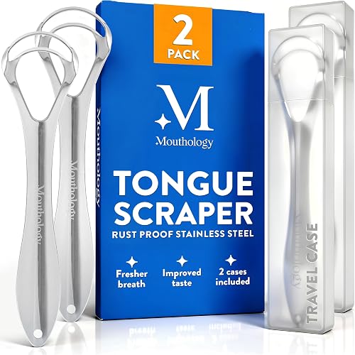 Mouthology Tongue Scraper for Adults (2 Pack), Reduce Bad Breath, Metal Tongue Scraper, Tongue Cleaner, Tongue Scraper, Stainless Steel Tongue Scraper, Tongue Cleaner for Adults, Tongue Scrubber