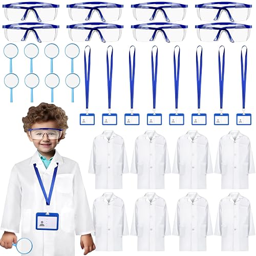 Youdaju 8 Set 32 Pcs White Kids Lab Coats Bulk Included Goggle Magnifying Glass ID Card Doctor Scientist Costume for Kids Lab Coat Children Dress Up for Boys Girls Science Project Career Day Role Play