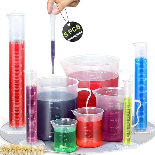 moveland Upgraded Plastic Graduated Cylinders and Beakers, 10-1000ml 15PCS | 4 cylinders (10/25/50/100ml), 5 beakers (50/100/250/500/1000ml), 5 pipettes, 1 test tube brush, clear, food-grade, non-toxic