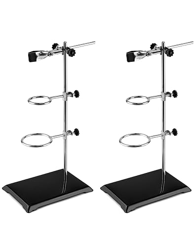 QWORK Chemistry Laboratory Stands Support Set, 2 Set Steel Lab Stand with Cast Iron Base, Rod 16" L with Burette Clamp and Flask Ring Clamps, 2 Retort Rings (Dia. 2"/2.8")