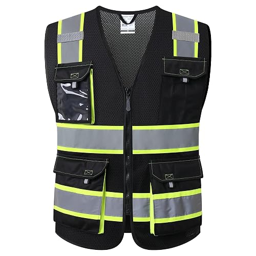 JKSafety Safety Vest for Men Women Hi Vis Reflective Vest JK220 Black L | 5 utility Pockets 4 Reflective Strips High Visibility Mesh Fabric Construction Safety Apparel Neon for Work