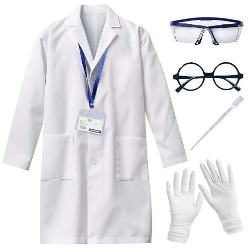 UNGLINGA Kids Scientist Costume Lab Coat Doctor Pretend Play for Boys Girls, with Goggles Glasses ID Card Gloves