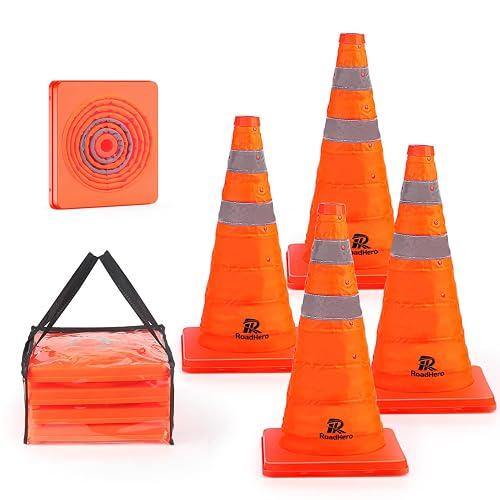 RoadHero 18 Inch 4 Pack Collapsible Traffic Safety Cones with Bag, Orange | Foldable Design for Storage, Reflective Collar Visible at Night, For Road Safety, Driving and Sport Training, Parking Lots