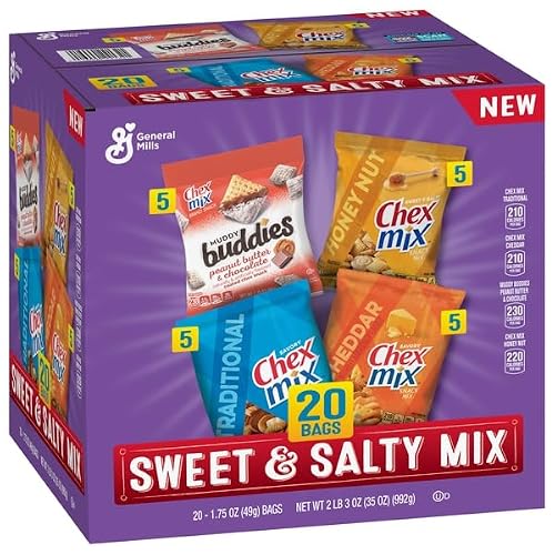 Chex Mix Variety Pack, Sweet & Salty, 20 ct, 35 oz | Muddy Buddies Peanut Butter & Chocolate, Traditional, Cheddar, and Honey Nut flavors (5 of Each), Single-Serve Bags