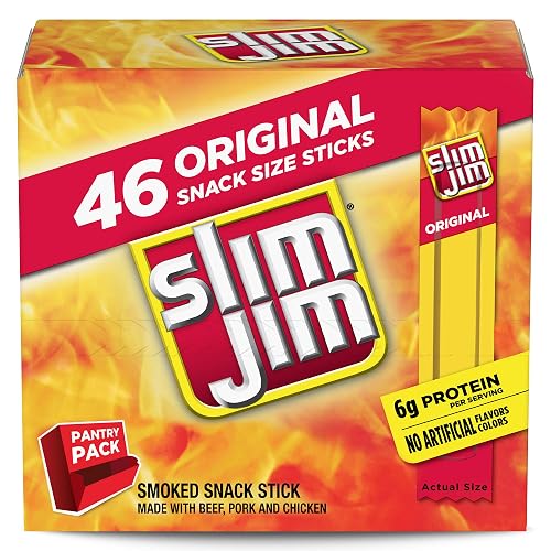 Slim Jim Smoked Jerky Meat Snack Sticks, Original Flavor, 0.28 oz., 46-ct | Good source of protein, 6g per serving; Original flavor; great for on-the-go snack; perfect in lunchboxes; bulk pantry staple