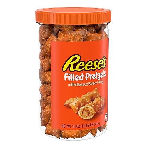 Reese's Filled Pretzels Peanut Butter Nuggets Jar, 18 oz | Peanut Butter Filled Pretzel Nuggets, Crunchy Shell, Sweet and Salty Snack, Resealable Jar for Sharing, 18 oz