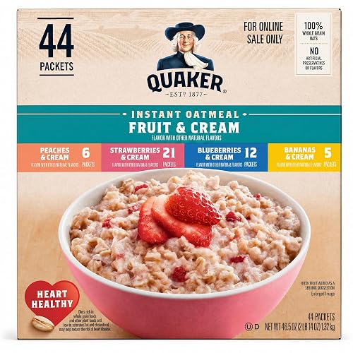 Quaker Instant Oatmeal Fruit & Cream Variety Pack, Single Serve Packets, (44 Pack)