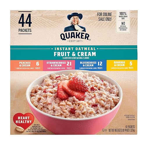 Quaker Instant Oatmeal Fruit & Cream Variety Pack, Single Serve Packets, (44 Pack)