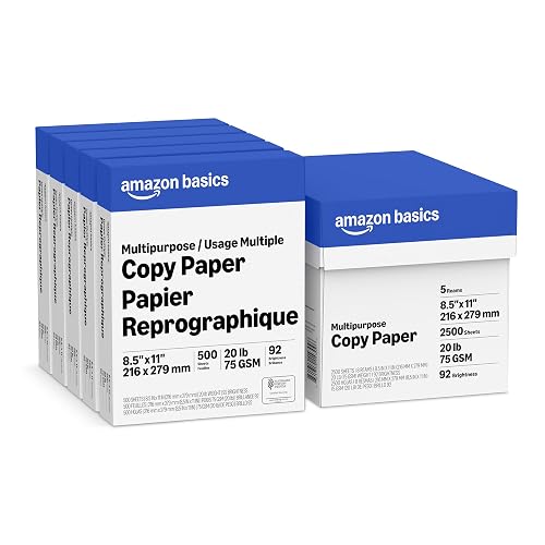 Amazon Basics Multipurpose Copy Printer Paper, 20 lb, 8.5 x 11 Inches, 5 Reams (2,500 Sheets), 92 Bright White