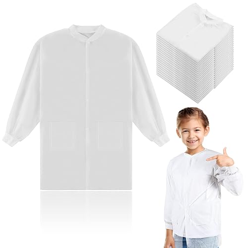 Jeyiour Unisex Disposable Lab Coats for Kids Scientist Costume Bulk | 20/30/40 Pack Kids Disposable Lab Coats Bulk, Elastic Knit Cuffs, Medium, White Scientist Coats for Halloween Cosplay Party