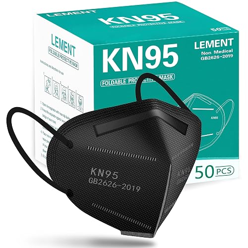 LEMENT 50pcs KN95 Face Mask Black 5-Layer Filter≥95% Cup Dust Safety Masks | 5-layer filtration, breathable fit, elastic ear loops, cup design, for adults, ideal travel, work, commuting & daily use