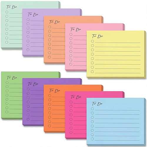 10 Pack to Do List Lined Sticky Notes 3x4 Inch 500 Sheets | Square self stick memo pads, planner notes for office, meeting, school and home daily use
