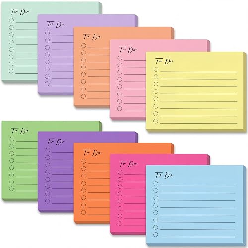10 Pack to Do List Lined Sticky Notes 3x4 Inch 500 Sheets | Square self stick memo pads, planner notes for office, meeting, school and home daily use