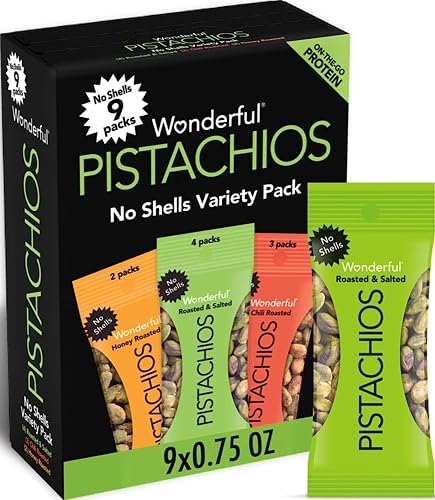 Wonderful Pistachios No Shells, 3 Flavors Mixed Variety Pack of 9 (0.75 Ounce), Roasted & Salted Nuts (4), Chili (3), Honey (2), Protein Snacks, Gluten Free, Healthy Snacks Variety Pack for Adults