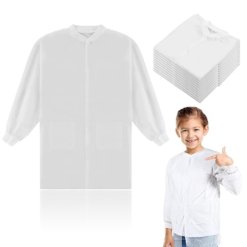 10 Pcs Kids Disposable Lab Coats White Science Coats Bulk for Child with Elastic Knit Cuffs and Front Snap Fastener