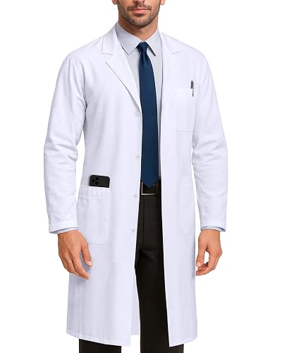 White Lab Coat for Men with Side-Slit Access and 3 Pockets for College | Medical Lab Coat with Long Sleeves, Button-Front Closure, Machine Washable for Classroom, Laboratory & Healthcare.