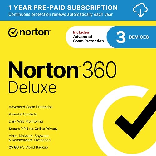 Norton 360 Deluxe 2027 Antivirus, 3 Devices, Auto-Renews [Download] | Includes Scam Protection, Advanced VPN, Dark Web Monitoring, & PC Cloud Backup