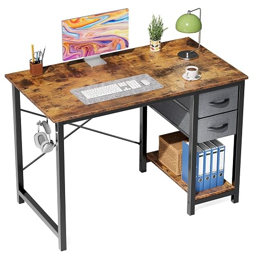 Sweetcrispy 40-Inch Computer Desk with Drawers, Office Desk, Brown | Small Desk for Bedroom Home Office with Side Hook, Modern Simple Desk with Storage for Writing