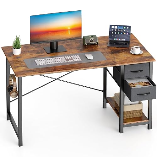 Sweetcrispy 40-Inch Computer Desk with Drawers, Office Desk, Brown | Small Desk for Bedroom Home Office with Side Hook, Modern Simple desk with storage for Writing