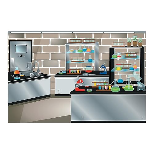 Fun Express Science Lab Backdrop Banner (9 feet Long) Science Party, Classroom and VBS Wall Decor - VBS Vacation Bible School Supplies/Decor