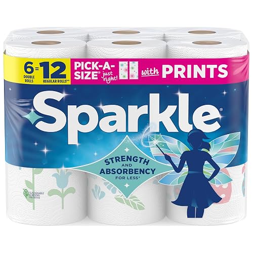 Sparkle Pick-A-Size Paper Towels, Spirited Print Design, 6 Double Rolls (660 Sheets Total) - Strong 2-Ply Towels for Kitchen Cleanup and Everyday Messes