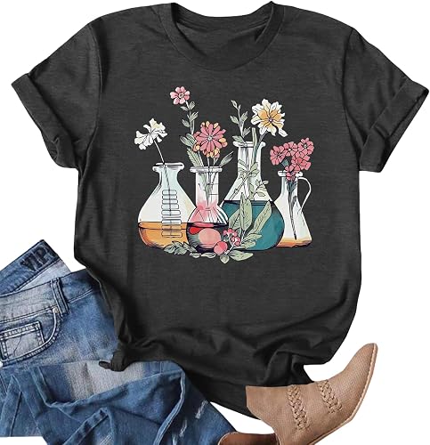 Science Teacher Shirt Women Floral Beakers Graphic Tee Chemistry Teacher Shirt Lab Gift Scientist Laboratory Tops