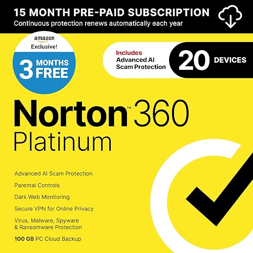 Norton 360 Platinum Antivirus, 20 Devices, 3 Months Free [Download] | Includes AI Scam Protection, Advanced VPN, Dark Web Monitoring, & PC Cloud Backup