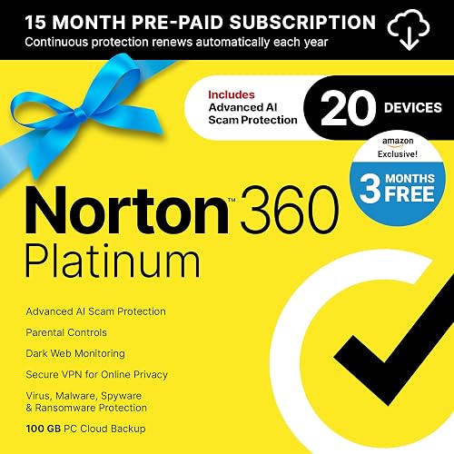 Norton 360 Platinum, Antivirus software for 20 Devices with Auto-Renewal – 3 Months FREE - Includes Advanced AI Scam Protection, VPN, Dark Web Monitoring & PC Cloud Backup [Download]