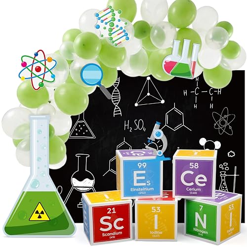 Kosiz 62 Pcs Science Party Decorations Kit Scientist Birthday Party Supplies with 12 Inches Science Favors Boxes Backdrop Balloon Chemistry Laboratory Erlenmeyer Flask Prop Cutout for Lab Week