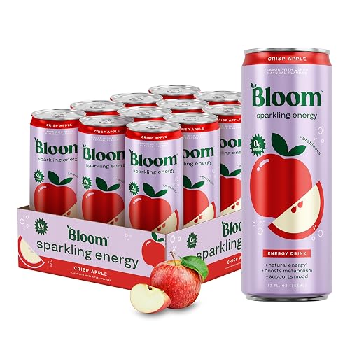 Bloom Nutrition Sparkling Energy Drink - Natural Caffeine, Zero Sugar, 180mg Caffeine - Antioxidant-Rich with Green Coffee Bean, Green Tea Extract, Prebiotics - Crisp Apple - 12oz 12 Pack | Apple crisp flavor with 180mg natural caffeine, prebiotics, green tea extract & lychee for energy and focus.