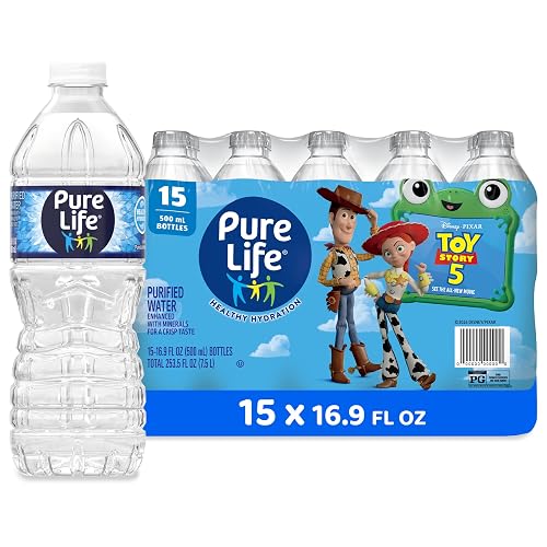 Pure Life Purified Bottled Water, 15 Pack - Still Drinking Water Enhanced with Minerals for a Crisp Taste - 16.9 Fl Oz - Toy Story 5 Packaging Graphics