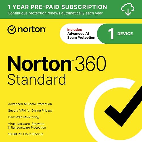 Norton 360 Standard Antivirus, 1 Device, Auto-Renews [Download] | Includes AI Scam Protection, Advanced VPN, Dark Web Monitoring, & PC Cloud Backup