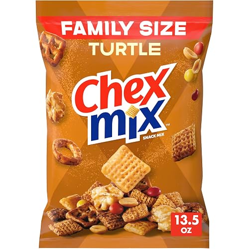 Chex Mix Turtle Snack Mix, Family Size, 13.5 oz | Corn, Caramel & Cocoa Chex, Pretzels, Caramel Popcorn, Chocolatey Pieces, Peanuts, 50% Less Fat than Potato Chips