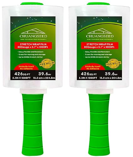 2-Pack Industrial Mini Clear Stretch Wrap Film 80 Gauge 5.1" 1000ft for Pallet Wrap with Plastic Handle,Durable Self-Adhering Packing,Moving,Packaging,Heavy Duty Shrink Film Chuangseed
