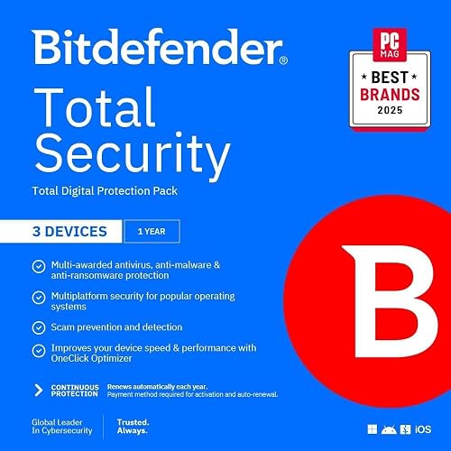 Bitdefender Total Security - 3 Devices | 1 year Subscription with Auto-Renewal | PC/Mac | Activation Code by email [Online Code]