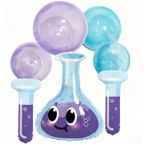 7Pcs Science Lab Party Balloons Decorations,Scientist Birthday Party Supplies with Beaker & Test Tube Foil Balloons, Blue & Purple Clear Bubble Balloons for Kids Science Theme Party, Laboratory Decor