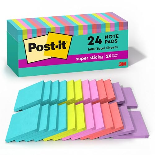 Post-it Super Sticky Notes, 3 x 3 in, Supernova Neons, 24 Pads | School Supplies and Oﬃce Supplies, 2X the Sticking Power