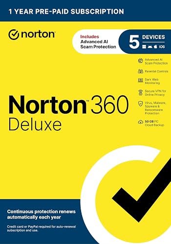 Norton 360 Deluxe, Antivirus software for 5 Devices with Auto-Renewal – Includes Advanced AI Scam Protection, VPN, Dark Web Monitoring & PC Cloud Backup [Key Card]