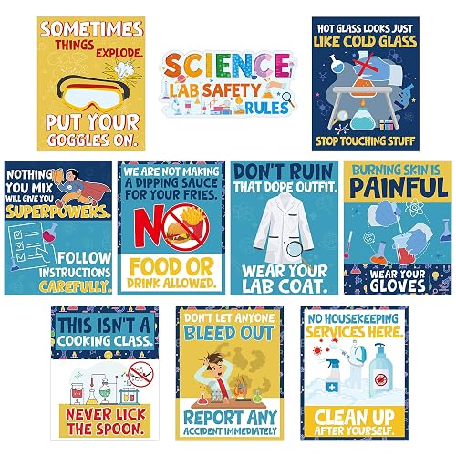 RUBOAOA Science Posters for Classroom, Educational Bulletin Board Decor | 9 Pcs 11 x 13.8 Inch Funny Science Posters with 1 Lab Safety Sign for Elementary or Middle School Classrooms